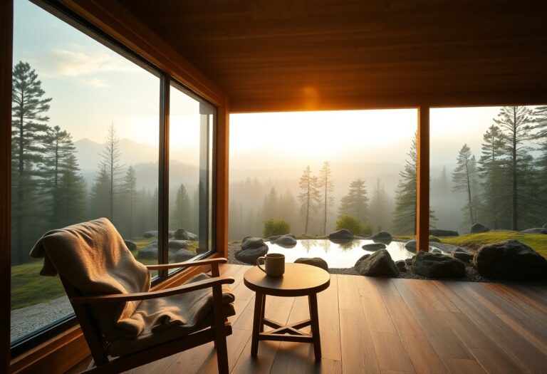 Holzstuhl mit Decke und kleiner Tisch mit Tasse an großen Fenstern, Blick auf nebligen Wald und Berge bei Sonnenaufgang.