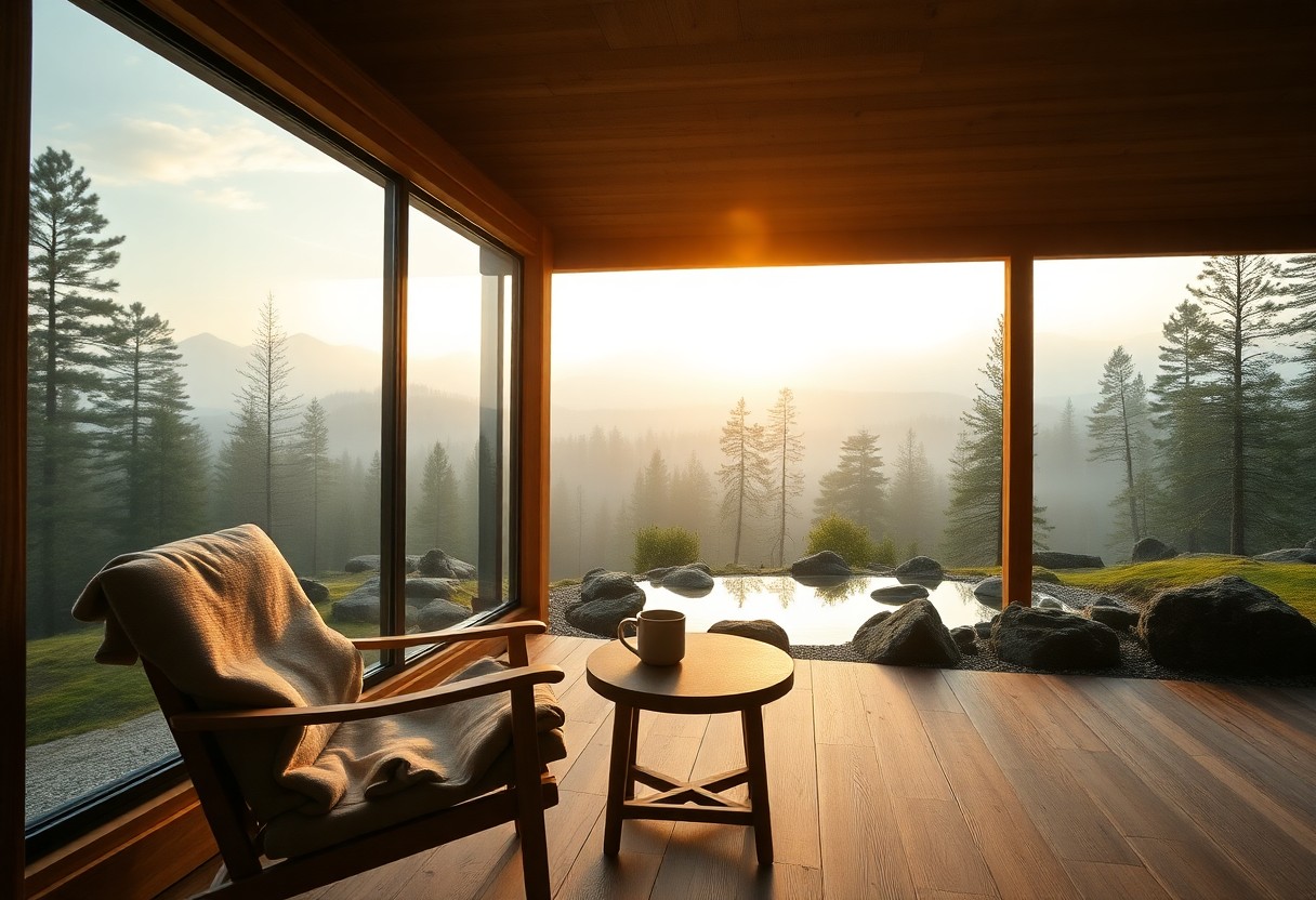 Holzstuhl mit Decke und kleiner Tisch mit Tasse an großen Fenstern, Blick auf nebligen Wald und Berge bei Sonnenaufgang.