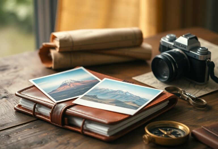 Vintage-Kamera, Kompass, Karten und Notizbuch mit Bergfotos auf einem Holztisch im Sonnenlicht.