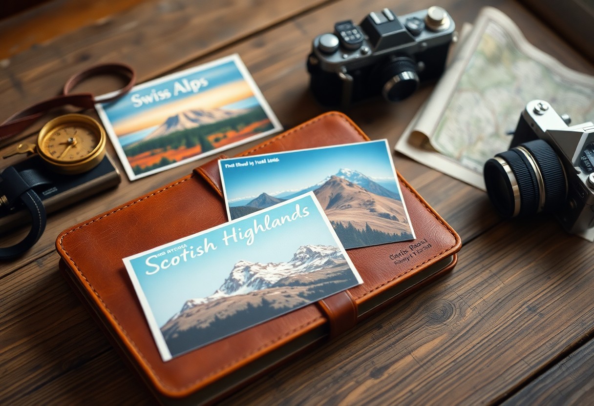 Reisetagebuch aus Leder auf Holztisch mit alten Kameras, Kompass, Landkarte und Postkarten der schottischen Highlands und der Schweizer Alpen.