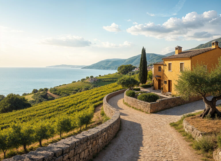 Gelbe Villa mit Terrakotta-Dach am Steinpfad, Blick auf Weinberge, Hügel und Meer unter blauem Himmel mit Wolken.