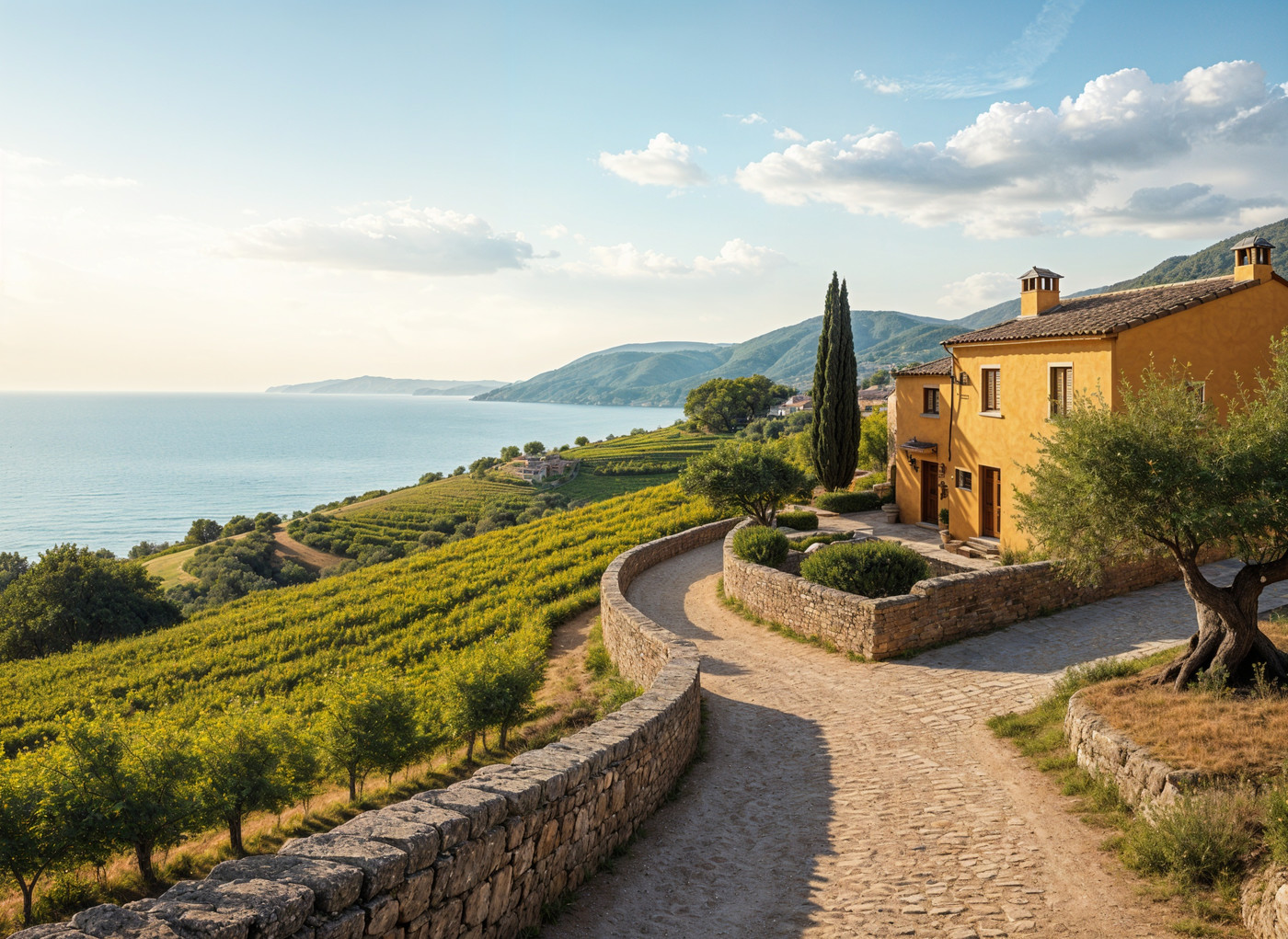Gelbe Villa mit Terrakotta-Dach am Steinpfad, Blick auf Weinberge, Hügel und Meer unter blauem Himmel mit Wolken.