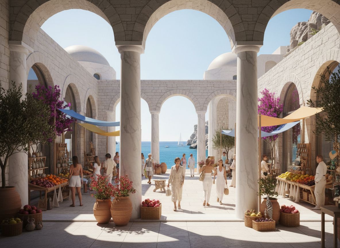 Mediterraner Markt mit Steinbögen, Verkäufern, Einkäufern, Früchten, Pflanzen; Meer und Segelboote im Hintergrund unter blauem Himmel.