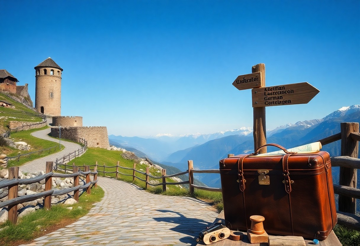 Steinweg zu mittelalterlichem Turm auf Hügel, Berge im Hintergrund. Koffer, Fernglas, Karte am Wegweiser mit deutschen Richtungen.