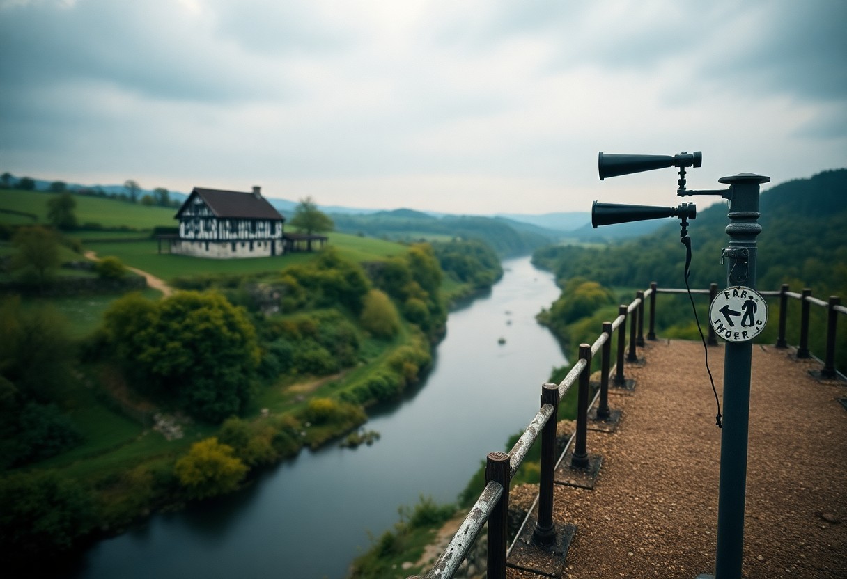 Blick auf Fluss, Münzfernrohr im Vordergrund, Landhaus links, grüne Hügel und bewölkter Himmel im Hintergrund.
